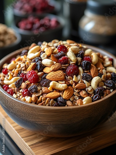 Healthy Mixed Nuts And Dried Fruits In A Bowl For Nutritious Snack Or Breakfast Topping. photo
