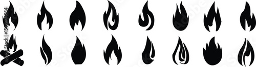 fire flat icons set,  flame silhouette of various shapes ,bonfire vector illustration, single line art
