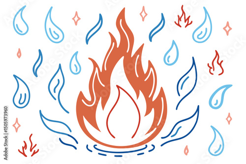Hand drawn stylized illustration featuring a vibrant campfire surrounded by stylized water elements