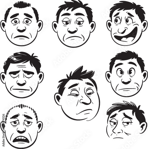 Eight cartoon faces showing different emotions