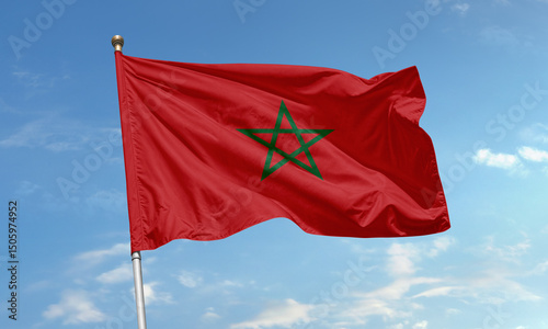 Canvastavla Moroccan national flag with green pentagram star flying in the wind