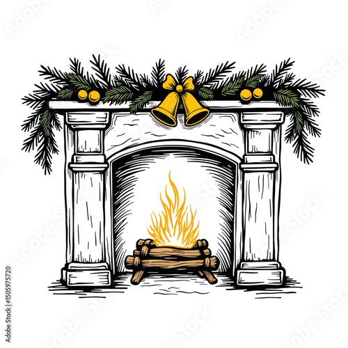 Cozy fireplace adorned with pine garland and bells, winter warmth