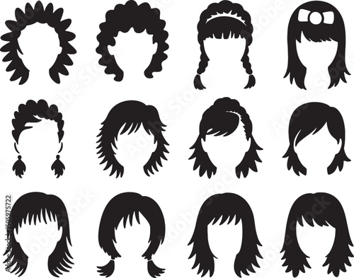 Twelve silhouettes of women's hairstyles