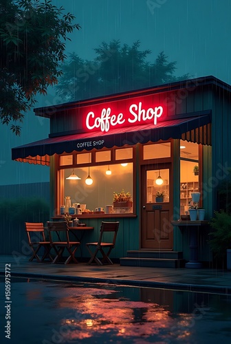Cozy coffee shop rainy night neon sign