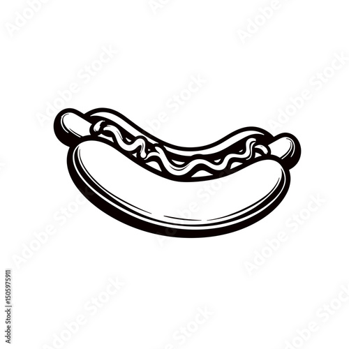 Detailed line art of hotdog with mustard and ketchup on white background, food illustration