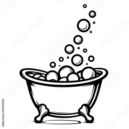 Bubbles rising from bath tub in clean line art, relaxation imagery