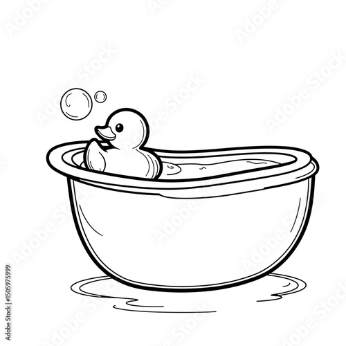 Rubber duck floating in bubble bath, clean line art