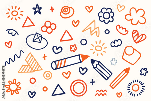 Hand drawn doodle shapes and illustrations in a cheerful design composition on a light background