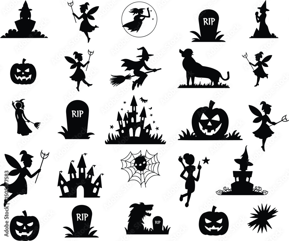 Obraz premium High-quality Halloween vector illustration featuring spooky and fun design elements including ghosts, jack-o'-lanterns, bats, witches, skulls, and spider webs. Perfect for seasonal design projects suc