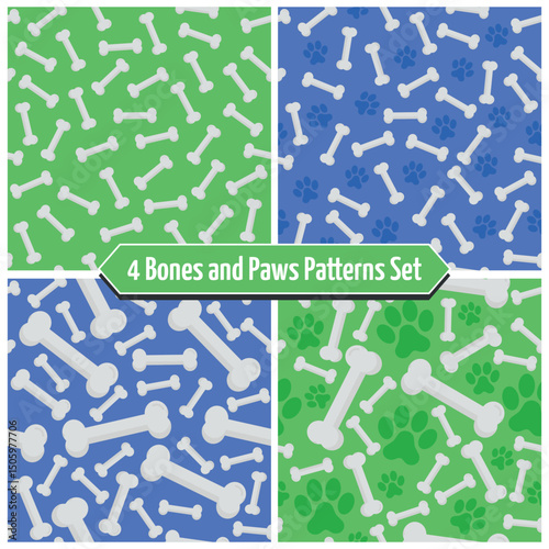 Dog Bones and Paws Pattern Set - 4 Patterns of Messy Bones and Footprints on Green or Blue Backgrounds. Seamless Link.