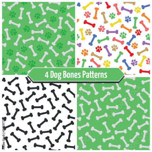 Dog Bones and Paws Pattern Set - 4 Patterns of Messy Bones and Footprints Green, Colorful, Black and White. Seamless Link.