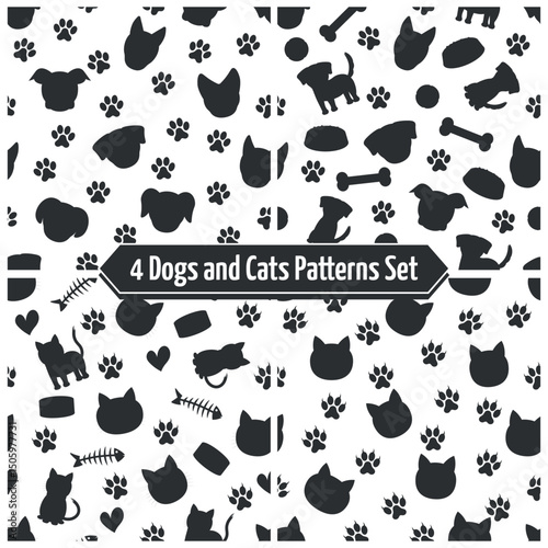 Dogs and Cats Silhouette Patterns Set - 4 Black and White Patterns with Footprints, Bones, Food and more. Seamless Link.