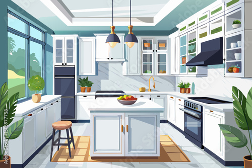 vector of A kitchen with modern white cabinets and marble tables and white flooring...