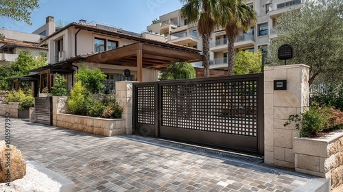 A beautiful modern house featuring a stylish wooden entrance. The front gate adds elegance and security. Lush greenery surrounds the property. Ideal for residential photography. AI