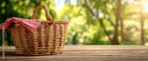 The wicker basket resting on a wooden table surrounded by lush greenery