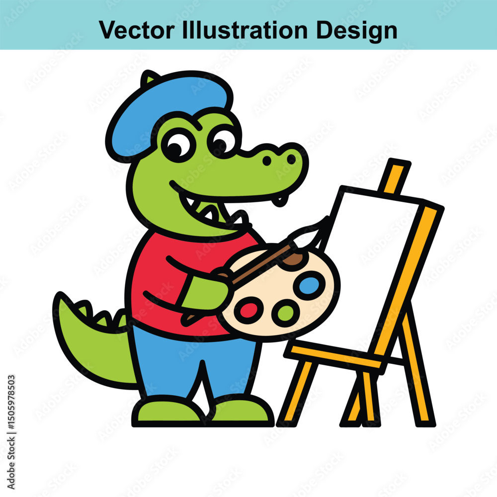 Obraz premium Cartoon Alligator Artist with Easel and Palette Vector Illustration Design