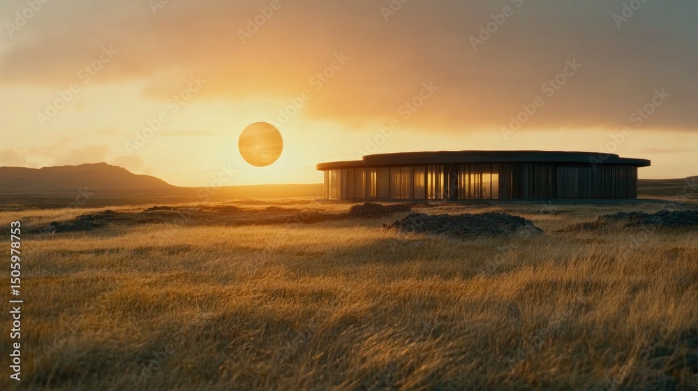 Fototapeta premium A contemporary building stands amidst golden fields under a vibrant sunset, framed by distant mountains and a serene atmosphere