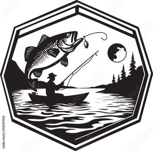 Fisherman Catching a Big Fish Silhouette vector
