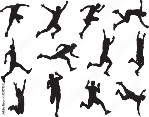 Silhouettes of athletes jumping running leaping