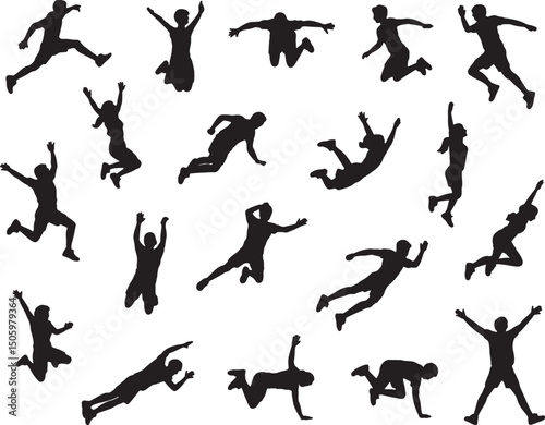 Diverse silhouettes of people jumping and leaping