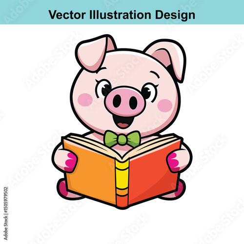 Cute Pig Cartoon Character Reading a Book Vector Illustration for Children