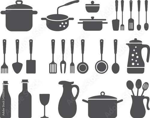 Kitchen utensils pots pans cooking tools silhouettes