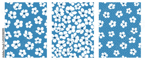 Floral background set. Sesamless abstract blue and white flower pattern template with soft whire flowers. Vector illustration design