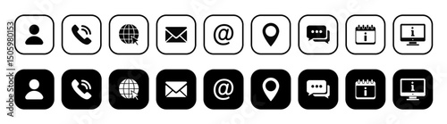 Flat contact and communication icon set in outline, circular, and filled styles. Set of contact us icons for web and website. 