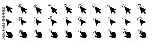 Pointer cursor сomputer mouse icon.Cursors icons click set. Clicking cursor, pointing hand clicks icons.