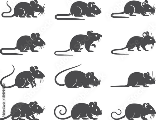 Twelve silhouettes of mice in various poses