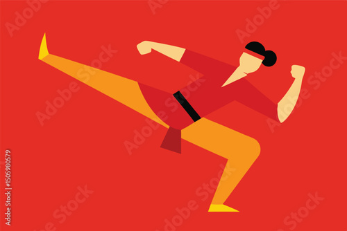 Black vector silhouette of a woman running with a red ribbon, symbolizing speed, sport, and business competition