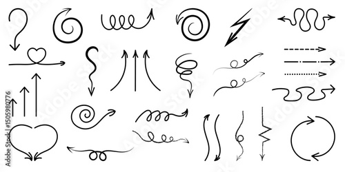 Collection of hand drawn decorative arrows in various styles including curly, spiral, wavy, zigzag, and heart shaped designs. Perfect for planners, infographics, presentations, social media graphics