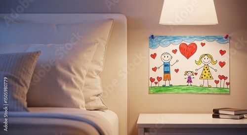 Child's drawing pinned near bedside table in cozy bedroom setting  
