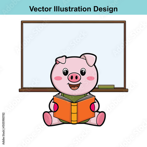 Cute Pig Cartoon Character Reading Book in Front of Whiteboard Illustration Design