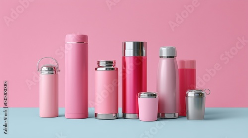 Assorted pink thermoses and mugs arranged on blue surface against solid pink background