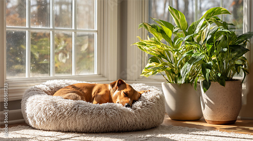 the red dog is sleeping at home in its place