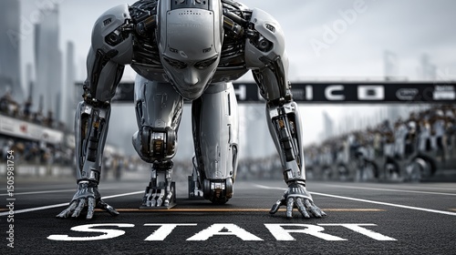 Advanced humanoid robot ready to race on track at starting line in urban environment, concept of future
