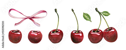 Red ripe cherries a couple with a leaf separate berries, elegant bow. Watercolor illustration hand drawn on the theme of fruits, food and desserts. Set of elements isolated from the background