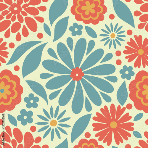 Seamless floral pattern featuring stylized retro flowers in vibrant coral blue and yellow hues on a cream background.