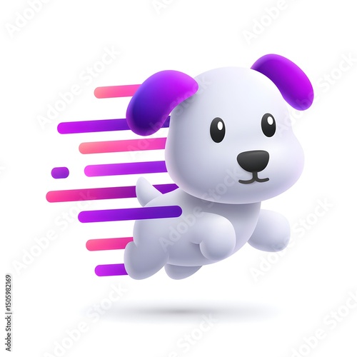 A playful cartoon puppy with vibrant purple accents, joyfully leaping through the air, showcasing energy and excitement in a whimsical design perfect for pet-themed visuals.