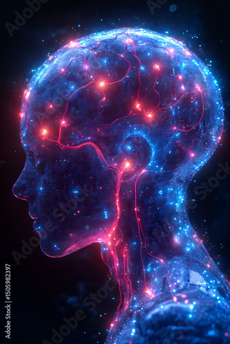 Futuristic human brain with neural connections and glowing synapses in technological visualization