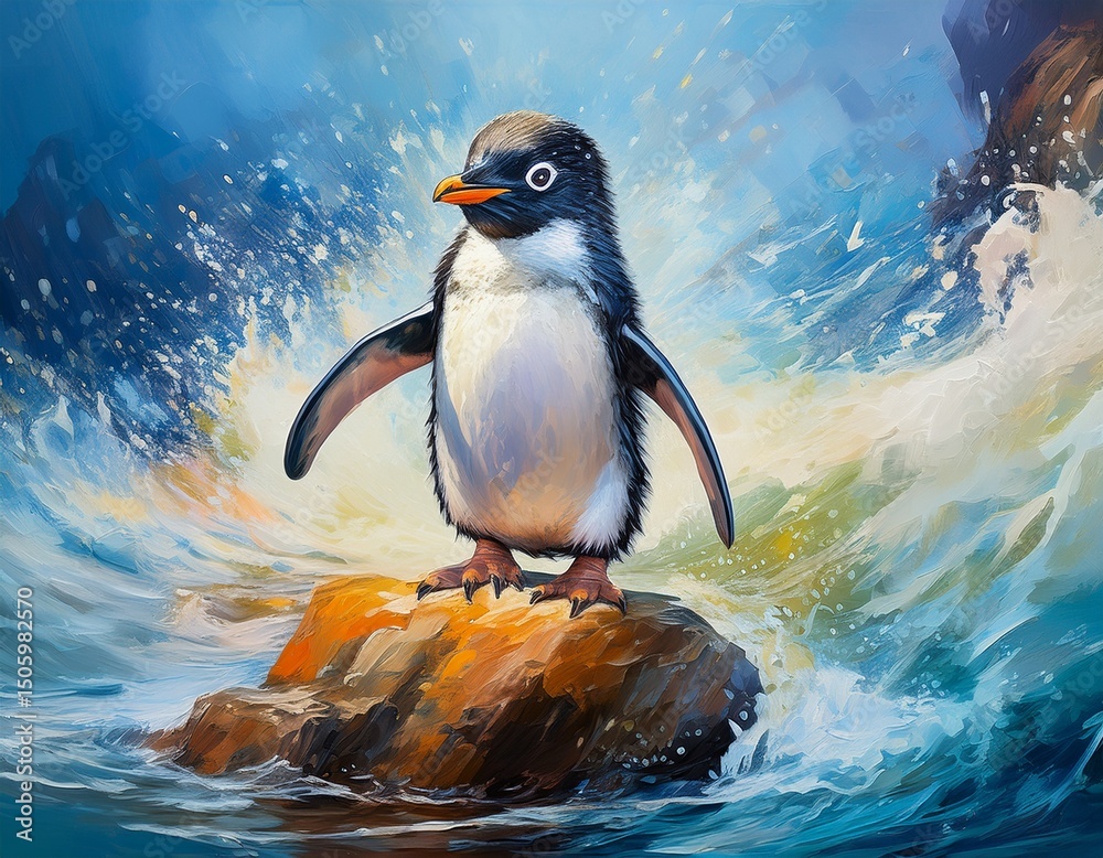 Fototapeta premium oil painting of adorable young penguin standing on rock amidst splashing ocean waves