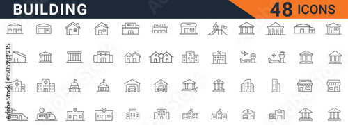 Building and Architecture Vector Line Icons Including Homes, Stores, Hospitals, Schools, Government Buildings, Airports and Hotels
