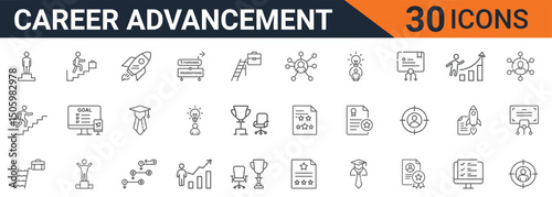 Career Advancement Line Icons Set Representing Success, Goals, Growth, Promotion, Leadership and Achievement in Business and Professional Life