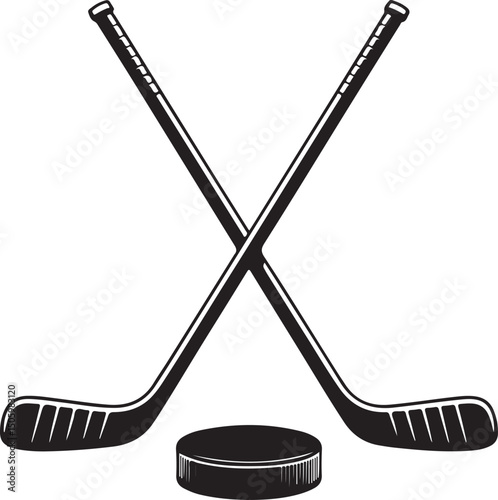 A vector illustration of two crossed hockey sticks and a puck