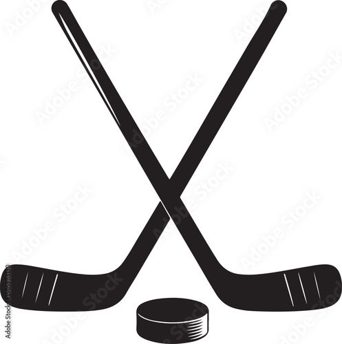 A vector illustration of two crossed hockey sticks and a puck