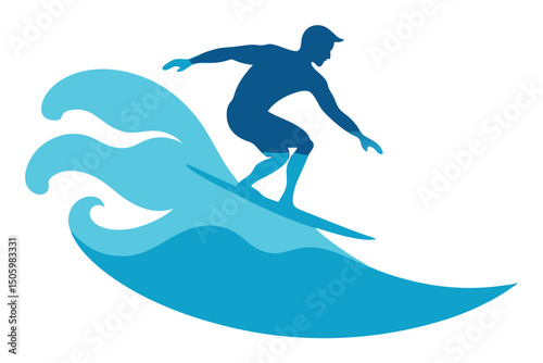 Abstract vector silhouette illustration of a dolphin jumping a blue summer ocean wave with a surfer