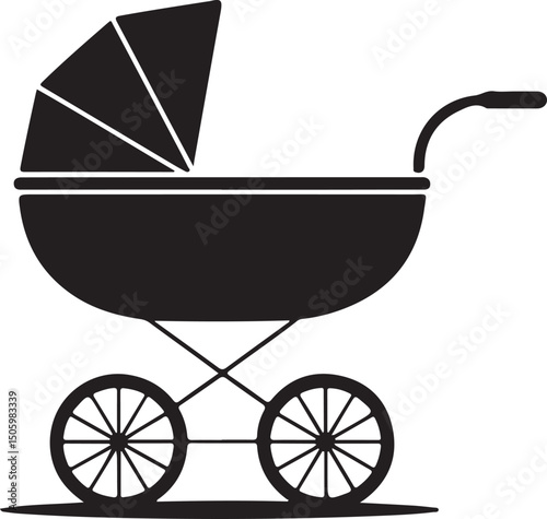 Baby carriage silhouette, black and white silhouette, vector and illustration