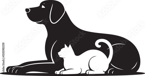 Black silhouette of dog and white cat isolated on white