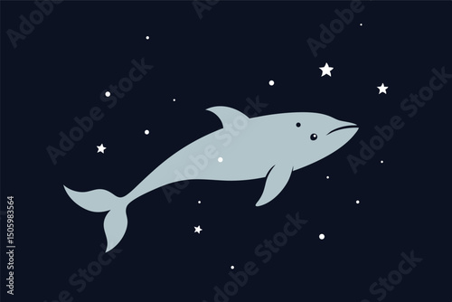 A vibrant vector illustration captures a playful dolphin leaping from the blue ocean water near a cartoon shark